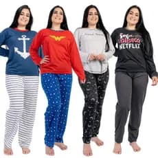 Pijama Longo Feminino Conjunto de Frio Personagem Roupa de Dormir Barato Calça Blusa Manga Estampado