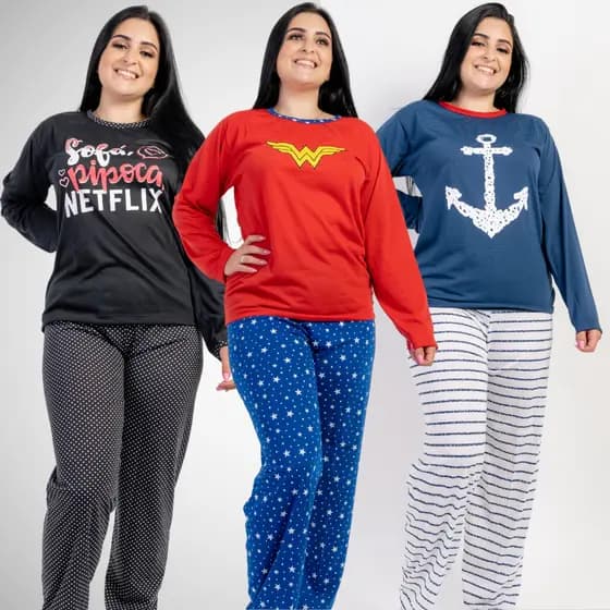 Pijama Longo Feminino Conjunto de Frio Personagem Roupa de Dormir Barato Atacado Calça Blusa Manga Estampado