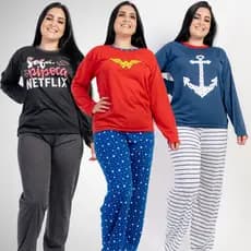 Pijama Longo Feminino Conjunto de Frio Personagem Roupa de Dormir Barato Atacado Calça Blusa Manga Estampado