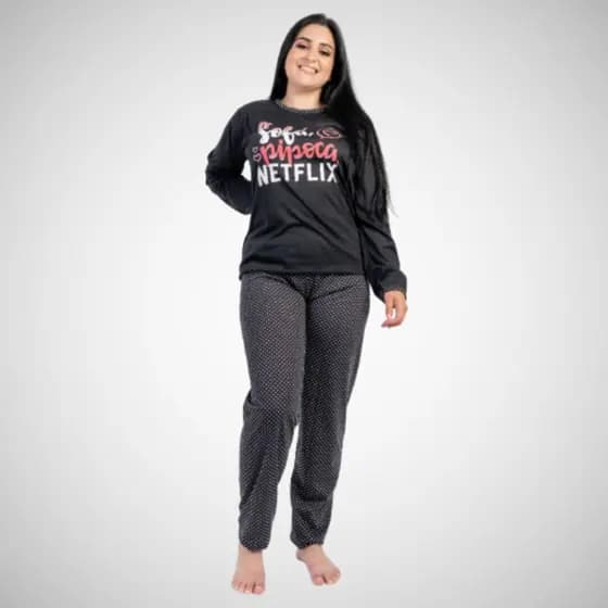 Pijama Longo Feminino Netflix Conjunto de Frio Inverno Personagem Barato Calça Blusa Manga Estampado