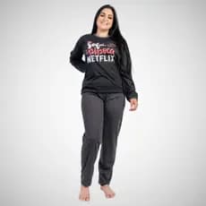 Pijama Longo Feminino Netflix Conjunto de Frio Inverno Personagem Barato Calça Blusa Manga Estampado