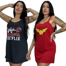 KIT 2 Camisolas de Alcinha Pijama Feminino Estampada Malha Fresquinha Vestido Confortável Curto Roupa de Dormir Adulto