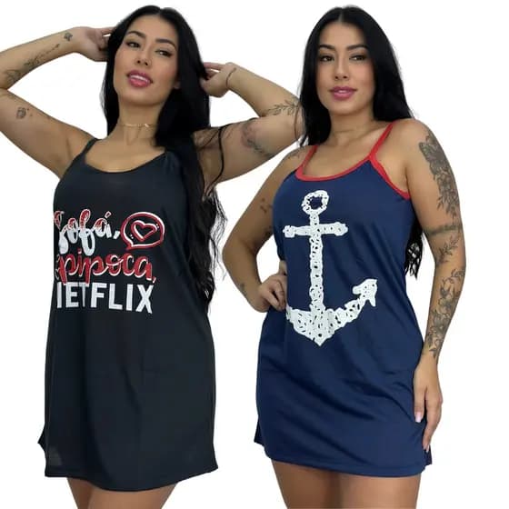KIT 2 Camisolas de Alcinha Pijama Feminino Estampada Malha Fresquinha Vestido Confortável Curto Roupa de Dormir Adulto