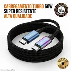 Cabo Tipo C 60W Turbo Super Rápido 1M Android/IPhone Reforçado Alta Durabilidade