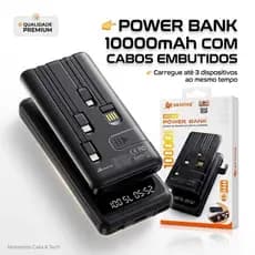Power Bank 10000mAh Peining Com Cabos Integrados Display Digital Carregamento Rápido Universal