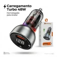 Carregador Veicular Turbo 48W USB + Tipo-C Carregamento Rápido iPhone Android