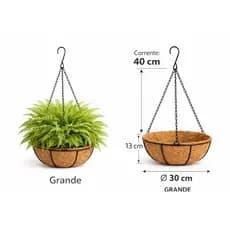 Vaso de pendurar 30 cm com fibra de coco com suporte e corrente de metal | kit vaso 30 cm diametro| vaso para plantio