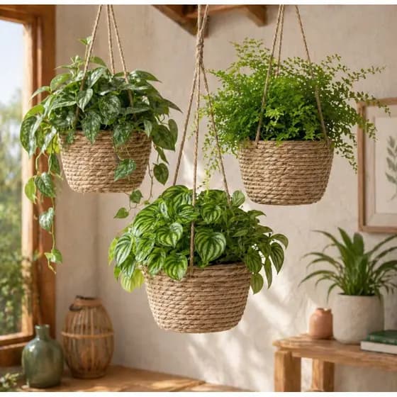 Kit com 3 Cestos Vaso cachepo De Palha Para Plantas Suspenso Natural Jardim