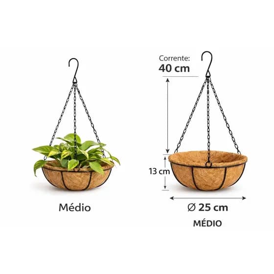 Vaso de pendurar 25cm com fibra de coco de metal| vaso para plantio