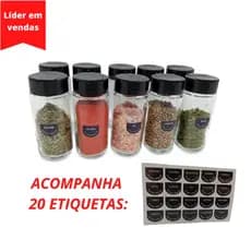 kit 05 porta temperos vidro + 20 etiquetas para temperos e condimentos com tampa dosadora dupla flip top