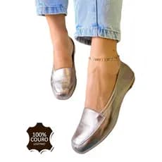 Sapato Mocassim Prata Sapatilha Feminino De Couro 100% Legítimo Excelente Qualidade Conforto Macio para ir ao trabalho