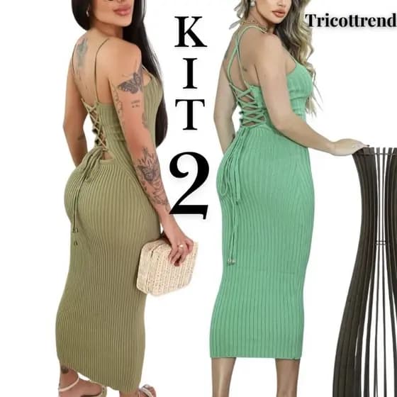 Kit com 2 Vestidos Midi Trançado nas costas Tricot Modal Canelado Tricô Verão 2026 Festa Praia