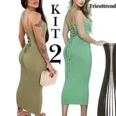 Kit com 2 Vestidos Midi Trançado nas costas Tricot Modal Canelado Tricô Verão 2026 Festa Praia