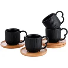 Jogo 4 Xícaras Porcelana Preto De Café Chá Com Pires de Bambu Madeira Oásis 90ml