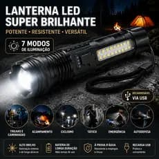 Lanterna LED Super Brilhante 7 Modos, Resistente à Água, USB Recarregável, Uso Outdoor, Emergência e Autodefesa