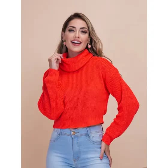 Cropped Tricot Grosso Liso Gola Boba Gola Alta Moda Inverno