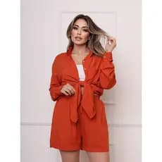 Conjunto Saida De Praia Chamise Com Short Visco-Linho Moda Feminina