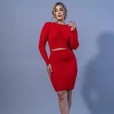 Conjunto Trico Saia E Blusa Detalhe Trançada Moda Feminina