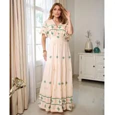 Vestido Longo Feminino Plus Size Estampado Com Decote V E Cintura Marcada COD 050