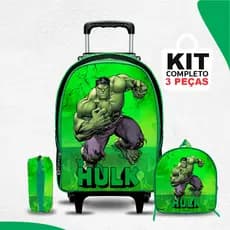 Kit Mochila Escolar hulk Infantil - com Lancheira e Estojo - Rodinhas - Menino - Masculina