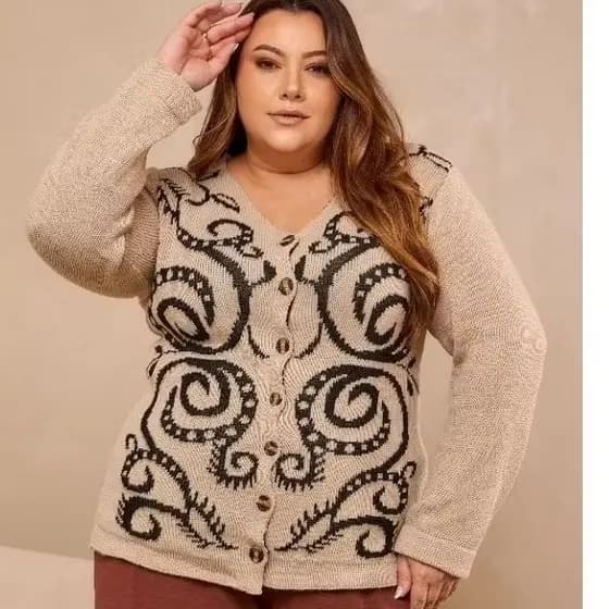 casaco Feminino Cardigan Plus Size Tricot estampa  inverno frio elegante moda feminina GG Veste 48