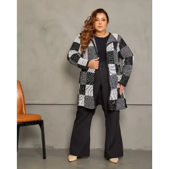 Max kimono casaco feminino cardigan xadrez plus moda blogueira outono e inverno tamanho 46