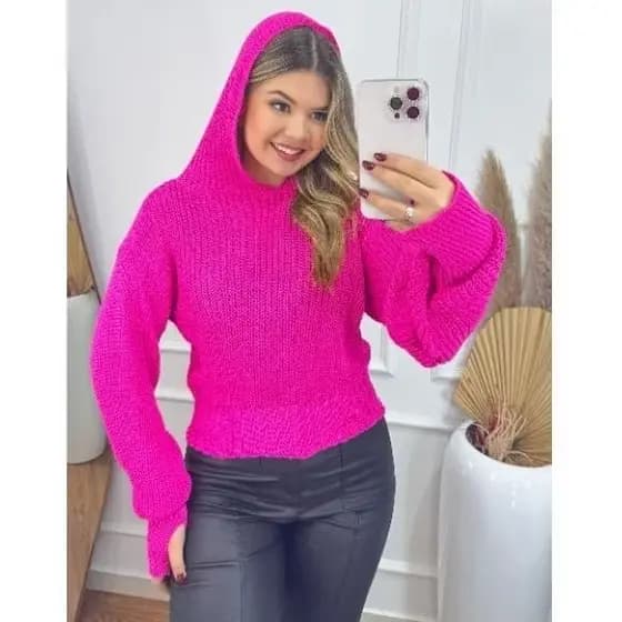 Blusa feminino Tricô  estilosa Com Capuz Feminina moda gringa Inverno moda blogueira Veste 38 ao 44
