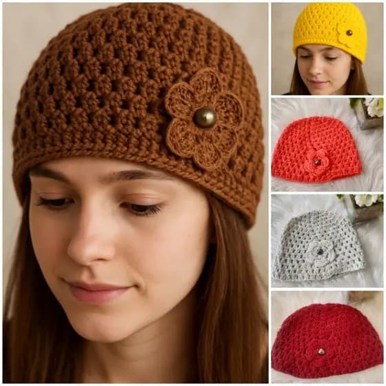 Touca gorro de croche tricot com flor feita a mão inverno adulto e juveni