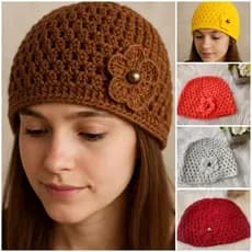 Touca gorro de croche tricot com flor feita a mão inverno adulto e juveni