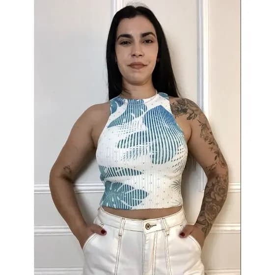 Cropped Canelado Top curto Regatinha regata Estampado  Feminino Com Lycra - Veste 36 a 38
