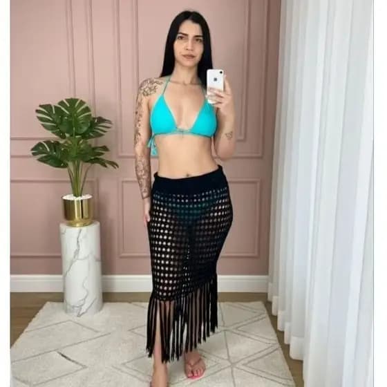 saia tricot com franja midi de praia piscina  Canga moda praia moda verão