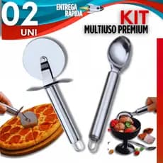 KIT Colher Para Sorvete + Cortador de Pizza Massas Cozinha Açai Sorveteria Linha Premium Aço Inox
