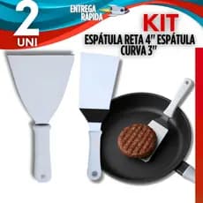 1 Espátula Reta 4 Polegadas + 1 Espátula Curva 3" Inox com Cabo Branco Espátulas Chapeiro Lanchonete