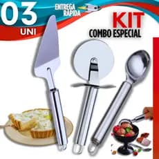 Combo Especial Cozinha Espátula para Bolo Torta Inox Premium + Colher Para Sorvete + Cortador de Pizza Massas Casa