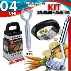 Kit Utensílios para Cozinha Inox Triturador de Alho + Descascador Legumes + Amassador de Batata + Ralador