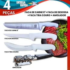 Jogo de Faca Açougue Profissional Faca de Carne 8” + Desossa + Tira Couro + Amolador Afiador Inox