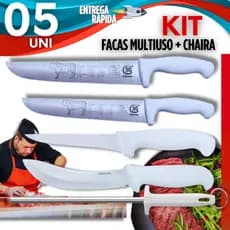 Kit Jogo de Faca Açougue Profissional Faca de Carne 8” + Faca de Carne 10” + Desossa + Tira Couro + Chaira 10" Amolador