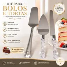 Kit Bolo 2 Espátulas + 1 Faca de Corte para Bolo Inox Cabo Cristal Personalizado Moderno Belissimo