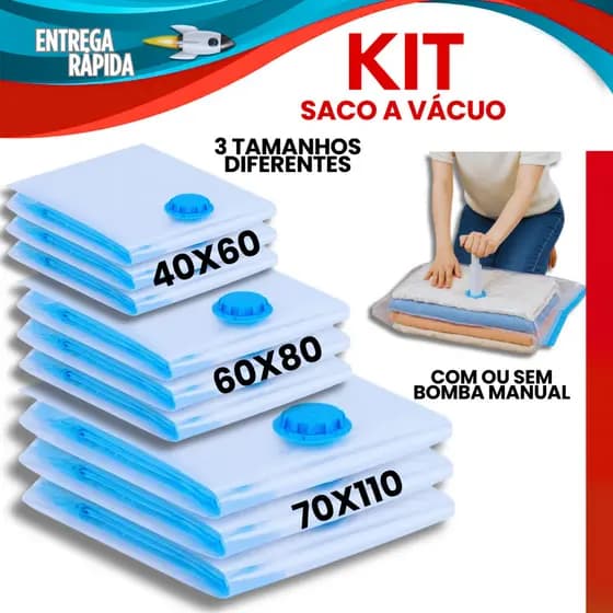 Saco a Vácuo Kit 5 Sacos 3 Tamanhos Diferentes 40x60 60x80 70x110 Organizador Mala Com ou Sem Bomba