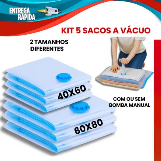 Oferta Kit 5 Sacos Organizador a Vácuo Para Viagem Com ou Sem Bomba Manual 2 Tamanhos 40x60 ou 60x80