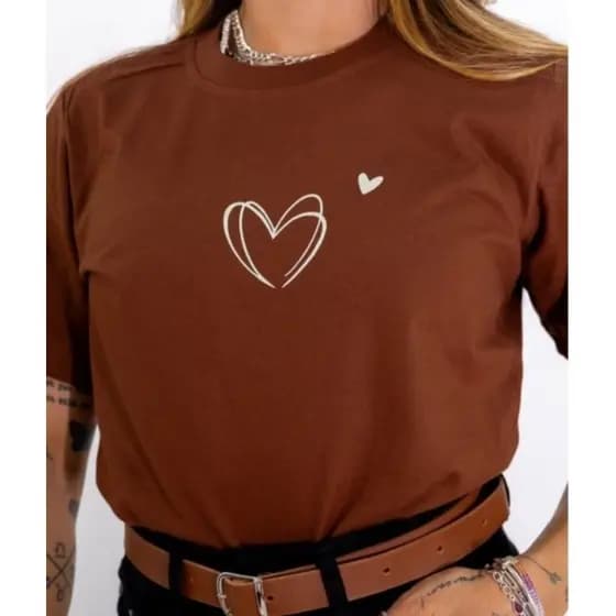 Blusinha Feminina Marrom T-SHIRT Coração Branco Algodão