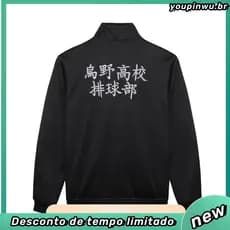 Haikyuu Karasuno High School Jaqueta Casaco Cosplay Preto Esporte Uniforme Sportswear Conjunto S-5Xl