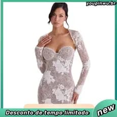 Vestido de Festa Longo Para Casamento Renda Tubo Superior Blusa de Manga Comprida Conjunto Tridimensional