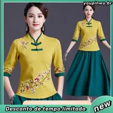 Estilo étnico topo novo estilo Retro estilo chinês bordado manga de três quartos gola alta abotoado costura superior mea