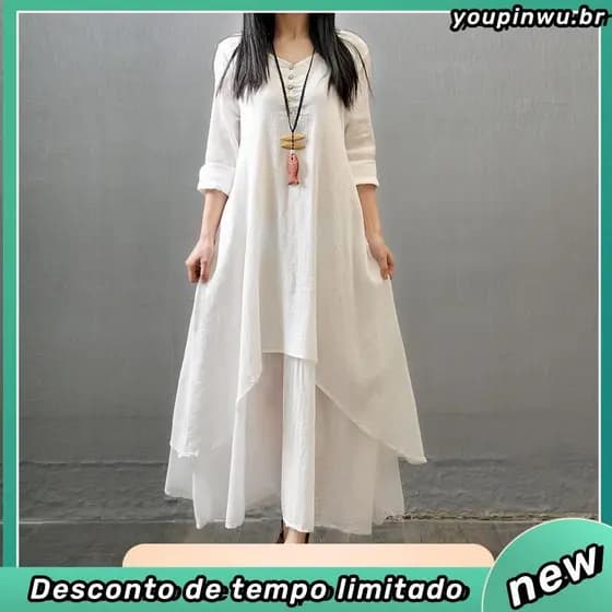 Flash Sale Vestido De Linho Feminino Mais Longo Muçulmano Branco Maxi Algodão Praia