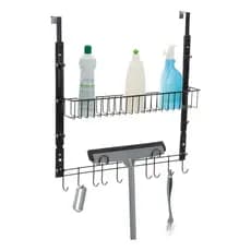 Rack de Porta Suporte Multiuso para Lavanderia Ganchos para Vassoura Rodo e Cesto de Produtos de Limpeza
