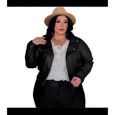 Jaqueta feminina plus size moda curve de couro Fake sintético con zíper transversal