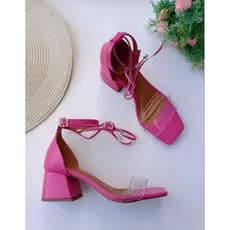 Sandália Feminina Salto Bloco Grosso Fivela cor Rosa Casual Confortável