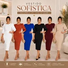 VESTIDO MIDI SECRETARIA SOCIAL CREPE MANGA BUFANTE MODA EVANGELICA CASUAL ELEGANTE MODESTA FESTA PLUS