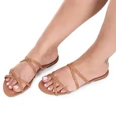 Sandália feminina rasteira luxo com tira de brilho confortável leve macia tendência verão